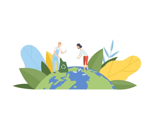 Vector people cleaning the earth planet from plastic waste volunteers taking care about planet ecology environment nature protection flat vector illustration