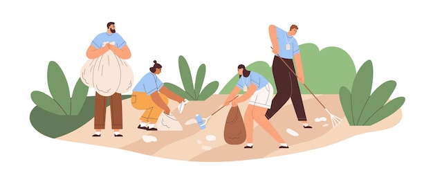 Vector people collecting litter, garbage into trash bags. eco volunteers raking, picking up plastic waste, cleaning environment, nature from rubbish. flat vector illustration isolated on white background.