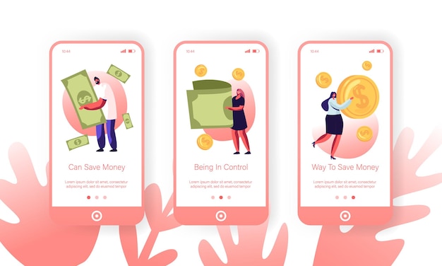 Vector people collecting and saving money mobile app page onboard screen set.