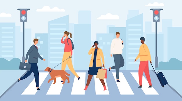 People on crosswalk. Men and women crossing city road with traffic lights. Businessman and girl with dog. Flat crowd on street vector scene. Illustration crosswalk pedestrian, road cross