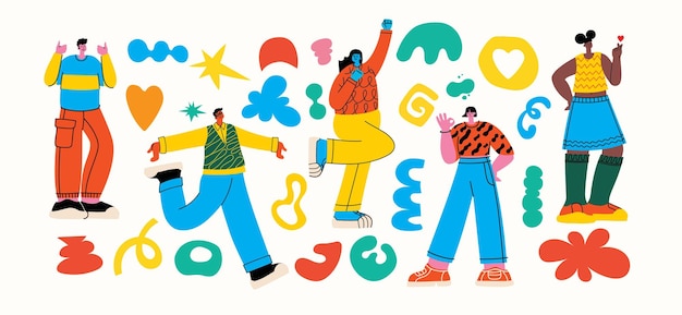 Vector people in different poses and various geometric shapes outline characters colorful abstract figures