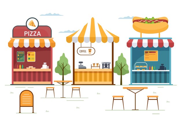 Vector people eating in outdoor street food serving fast food like pizza burger or tacos in illustration