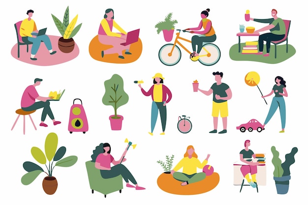 People enjoying their hobbies at their places illustration on white background