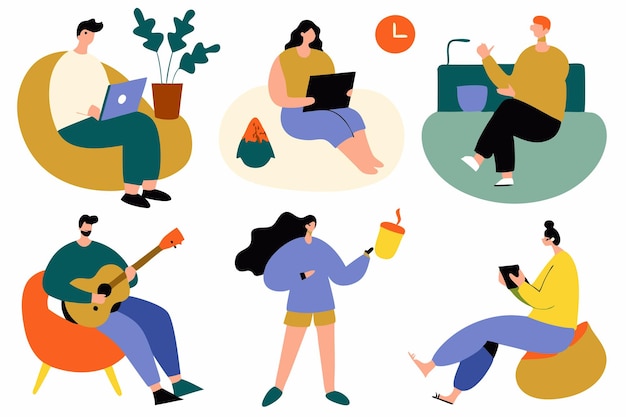 Vector people enjoying their hobbies at their places illustration on white background