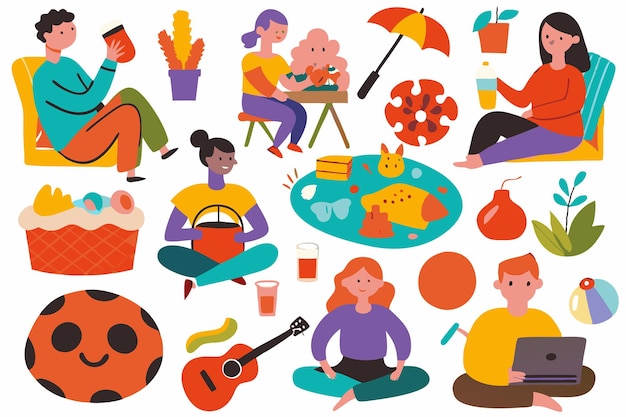 People enjoying their hobbies at their places illustration on white background