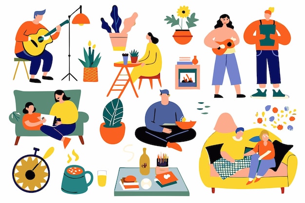 People enjoying their hobbies at their places illustration on white background