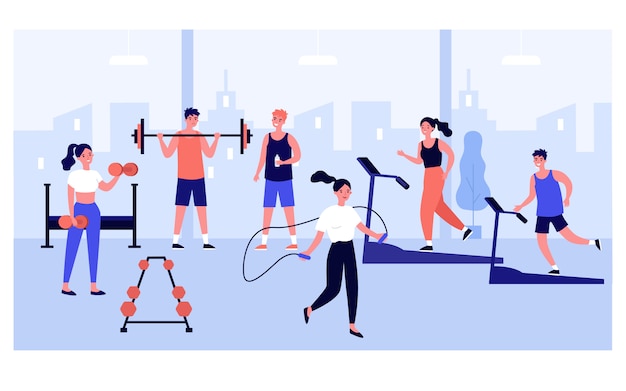 Vector people exercising in gym with panoramic window