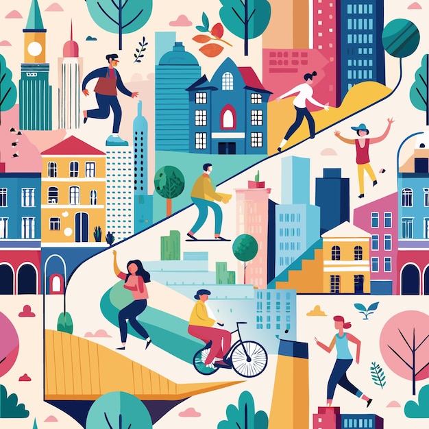 Vector people explore vibrant cityscape with buildings trees and fun activities