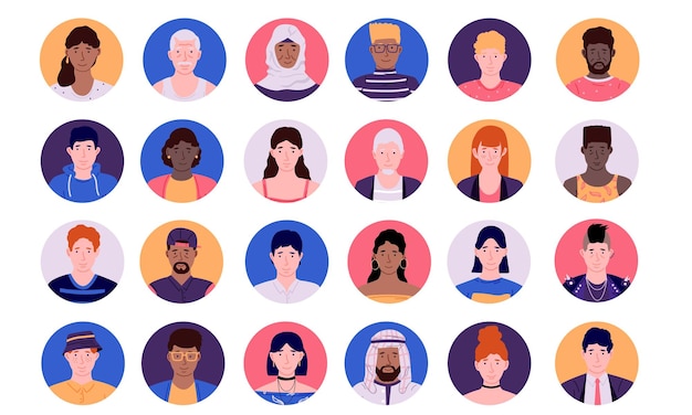 People face avatars Cartoon smiley multiethnic persons social media male and female profile circle icons collection modern colorful group of diverse human Vector isolated heads set