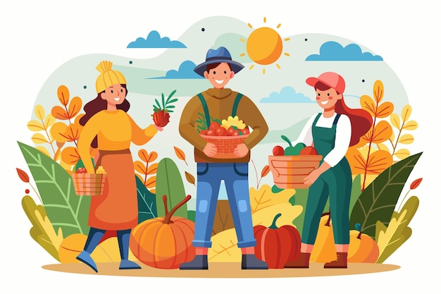 Vector people in field holding fruit and vegetable baskets