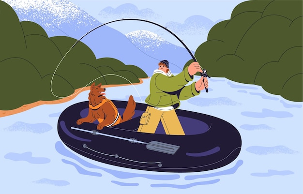 People fishing in river on summer vacation Happy fisherman with rod catches fish Guy angling with fluffy dog in inflatable boat Man spend time with pet Fishery hobby Flat vector illustration