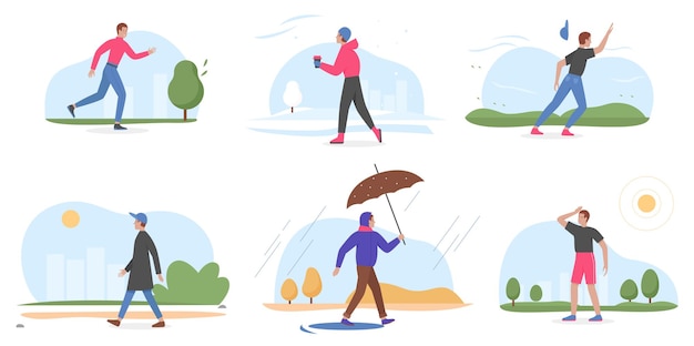 People and four seasons set cartoon young man walking in winter summer spring autumn