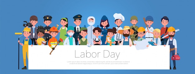 Vector people group different occupation profession set, international labor day flat banner