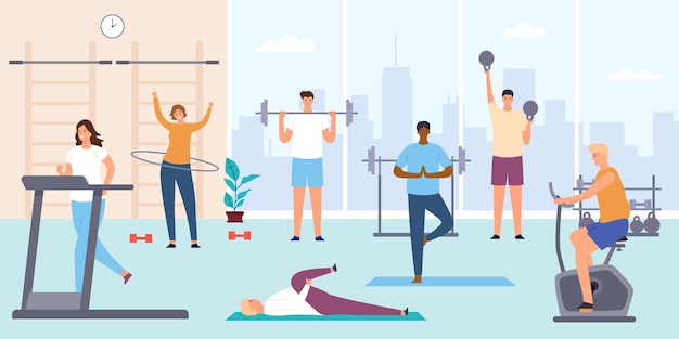 Vector people in gym. man and woman on training apparatus, exercise bike and treadmill. fitness workout and indoor sport room flat vector concept. male characters with barbells and kettlebells