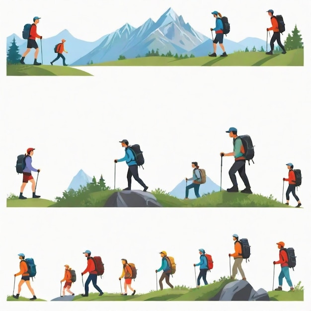 Vector people hiking in the mountains vector set white background isolated