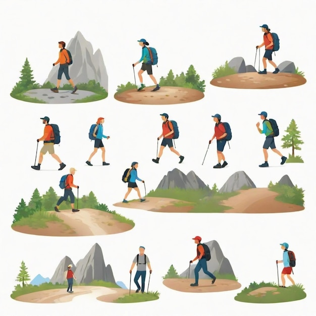 Vector people hiking on trails cartoon vector set white background isolated