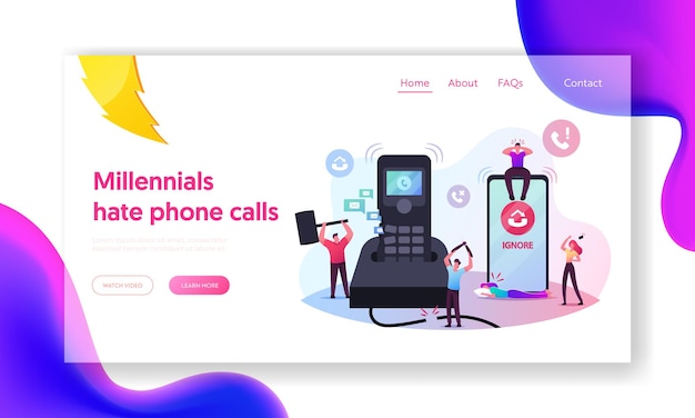 Vector people ignoring incoming calls landing page template. tiny male characters destroying huge calling telephone to avoid conversation. woman cry suffering of boyfriend ignore. cartoon vector illustration