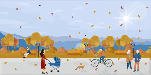 Vector people in park autumn flat style