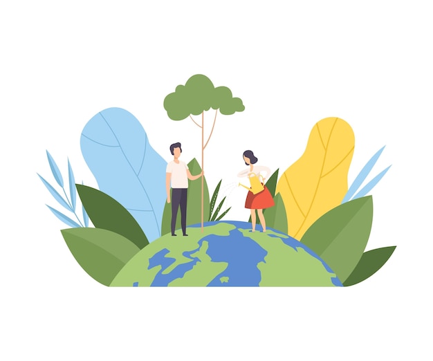 Vector people planting and watering tree volunteers taking care about planet ecology environment nature protection flat vector illustration