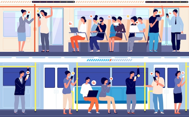 Vector people in public transport. crowd in train, person using gadgets in subway bus. city transportation, no utter social distance vector concept. illustration public in transport, transportation city