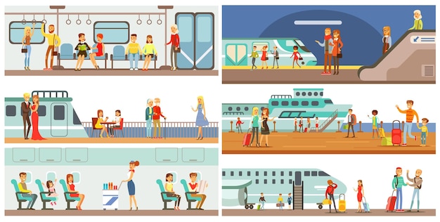 Vector people in public transport set passengers of the underground airplane cruise ship vector