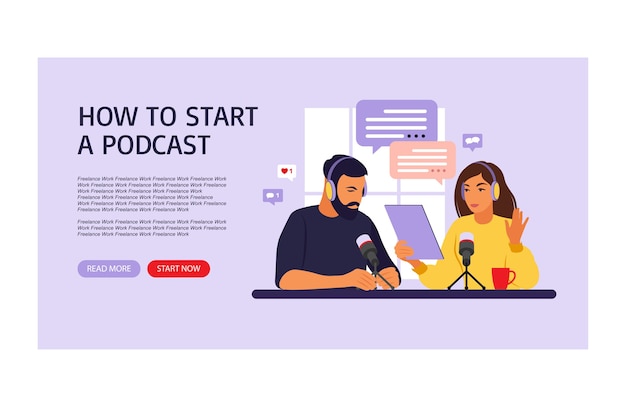 People recording podcast in studio flat vector illustration. Landing page Podcaster talking to microphone recording podcast in studio Radio host with table flat vector illustration