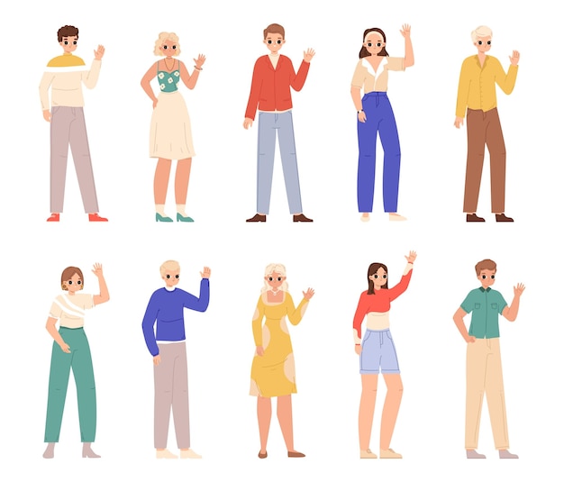 Vector people say hello young ethnic man woman waving welcoming characters diverse adults and teens casual style students snugly vector community