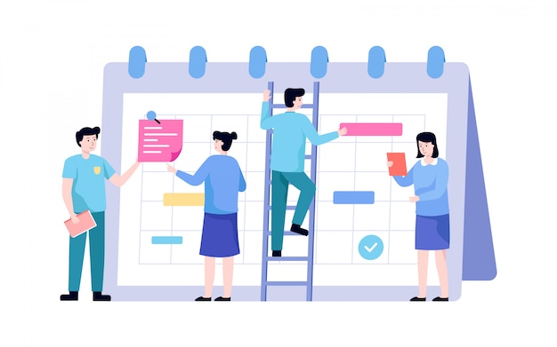 Vector people set a schedule and timeline on the calendar