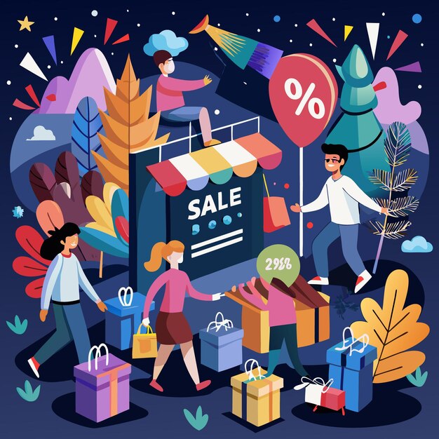 Vector people shopping with big discount at christmas sale