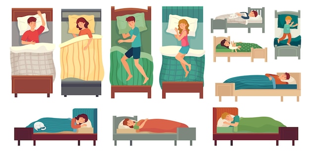 People sleeping in beds. Adult man in bed, asleep woman and young kids sleep illustration set.