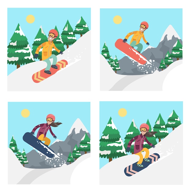 Vector people on snowboard set. winter extreme sport activities.