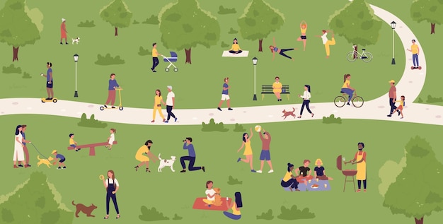 People spend active fun time in summer city park on weekend cartoon map with characters