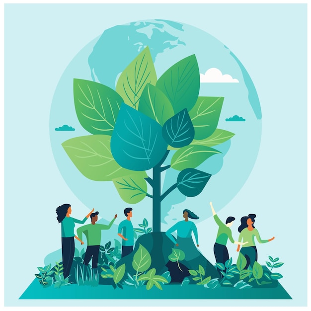 Vector people standing around a tree with leaves and plants