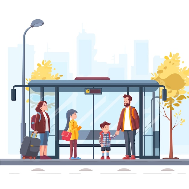 Vector people_standing_at_bus_stop_in_city
