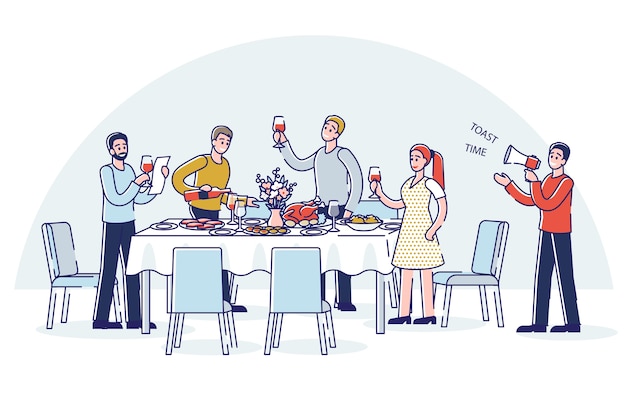 Vector people toasting standing around holiday dinner table cartoon group of friends family or colleagues celebrate together