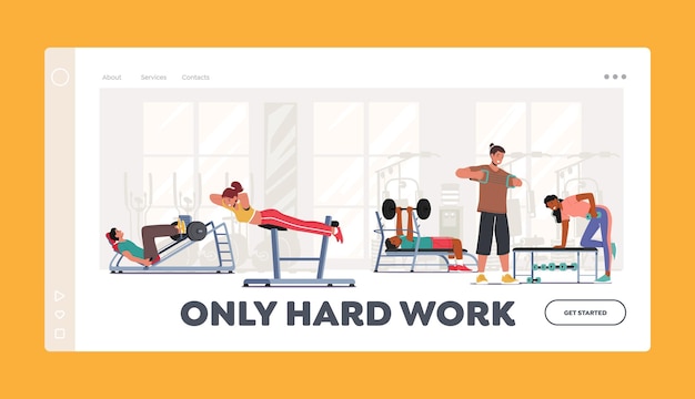 Vector people training in gym landing page template sport activity healthy life male and female characters exercising