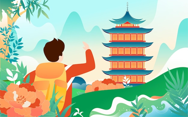 People travel on vacation with various plants and buildings in the background vector illustration