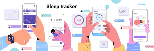 People using electronic smart watch app tracker on hand quality and quantity sleep control concept