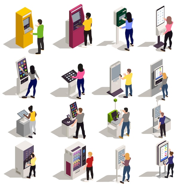 People using information board and kiosk with interactive interfaces isometric icons set isolated on white background vector illustration