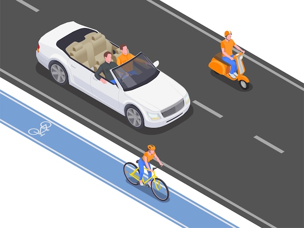 People using personal transport driving and riding on road and cycle lane 3d isometric