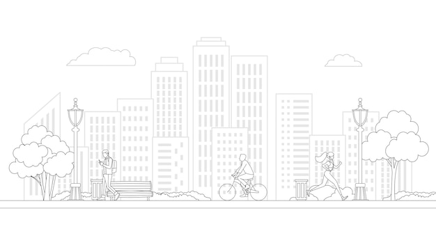 People village life neighborhood line art vector Residential buildings on suburban street Bike and walk people in village life neighborhood