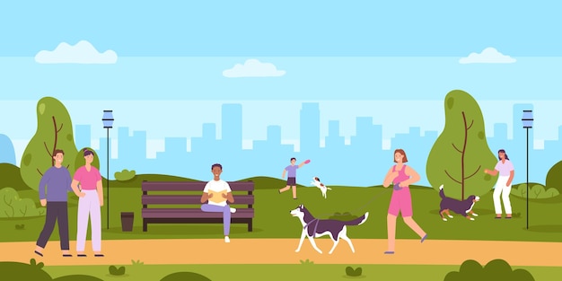 Vector people walk in public park cartoon woman running with pet man sitting on bench and reading book couple walking
