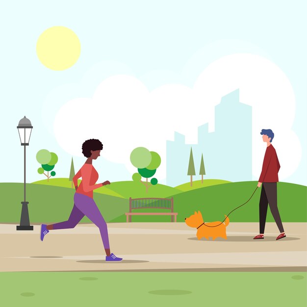 Vector people walk and relax in the park in summer a man walks with a dog a woman runs