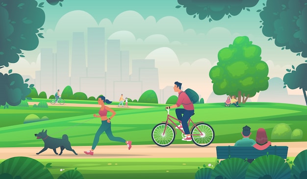 People walk, run and ride a bike in a city park. Active lifestyle in urban environments. Outdoor leisure. Vector illustration in cartoon style