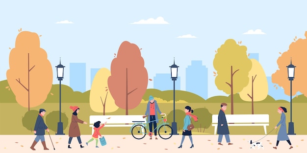 Vector people walking in autumn park with puppy and child family outdoor time rest and play in city garden in fall active lifestyle recent vector scene