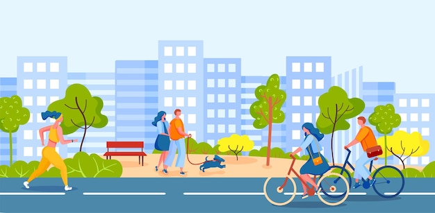 People walking in city park Characters riding bicycles on cycle lanes Woman running or jogging in sport clothing Couple walking with dog pet Cityscape with tall buildings near green area vector