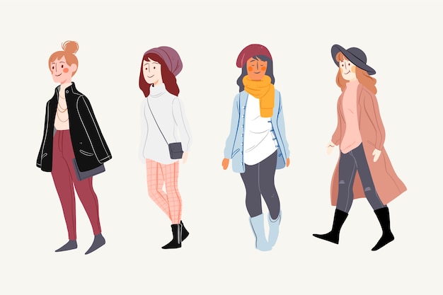 Vector people wearing winter clothes pack