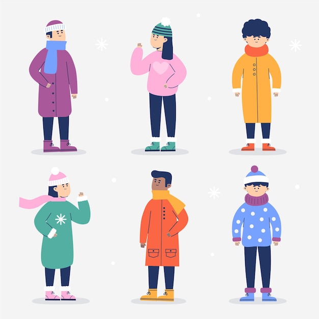 People in winter cozy clothes set