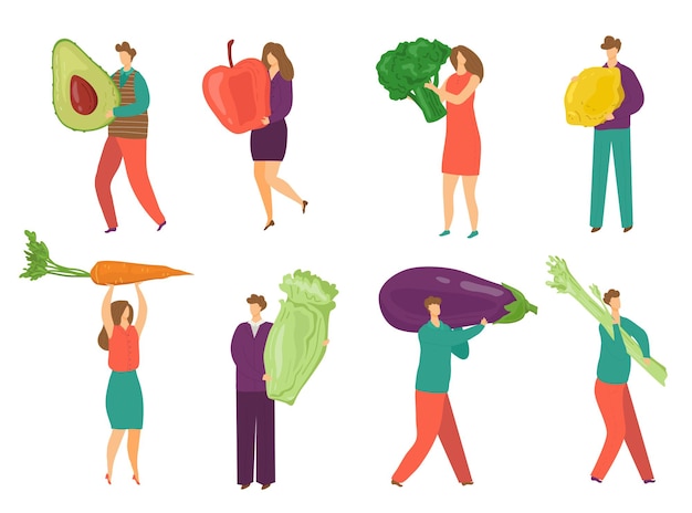 People with food vegetable isolated on white set vector illustration tiny man woman character hold f...