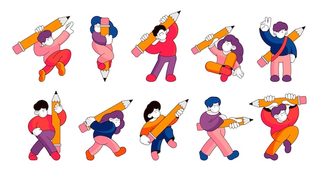 People with pencils Hands with writing instruments Man woman characters with pens and drawing tools Creative worker vector set Boys and girls carrying stationary author profession